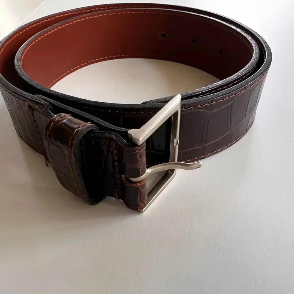 Tommy Hilfiger Brown Embossed Leather Belt Croc Print Size S Made in Turkey